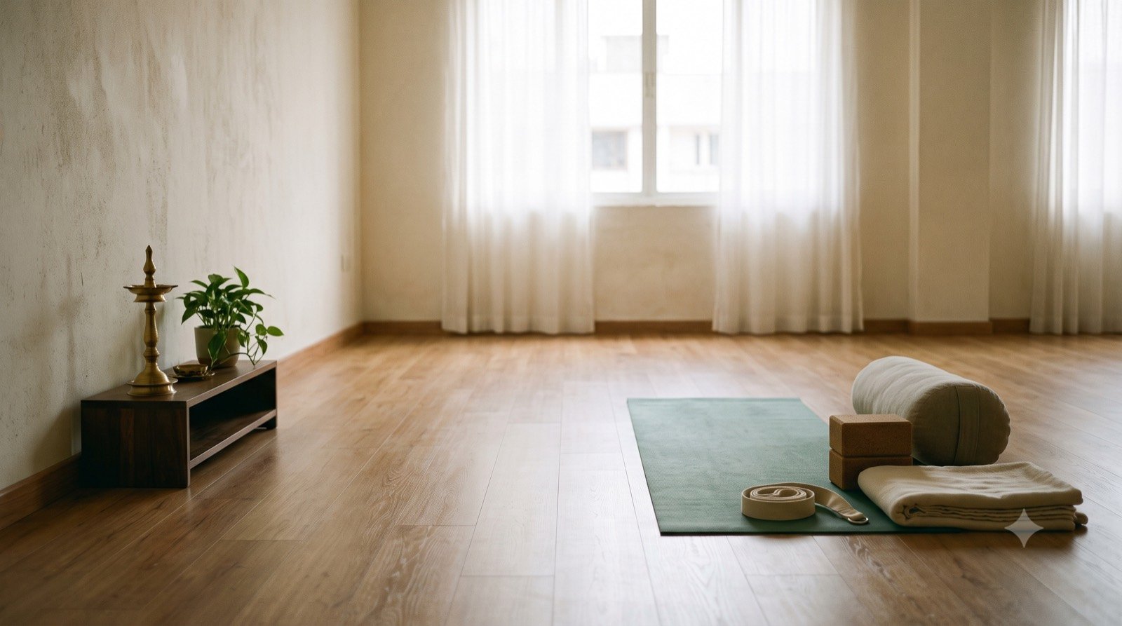 A bolster, blocks and a folded blanket set out on a mat at the RituYog studio